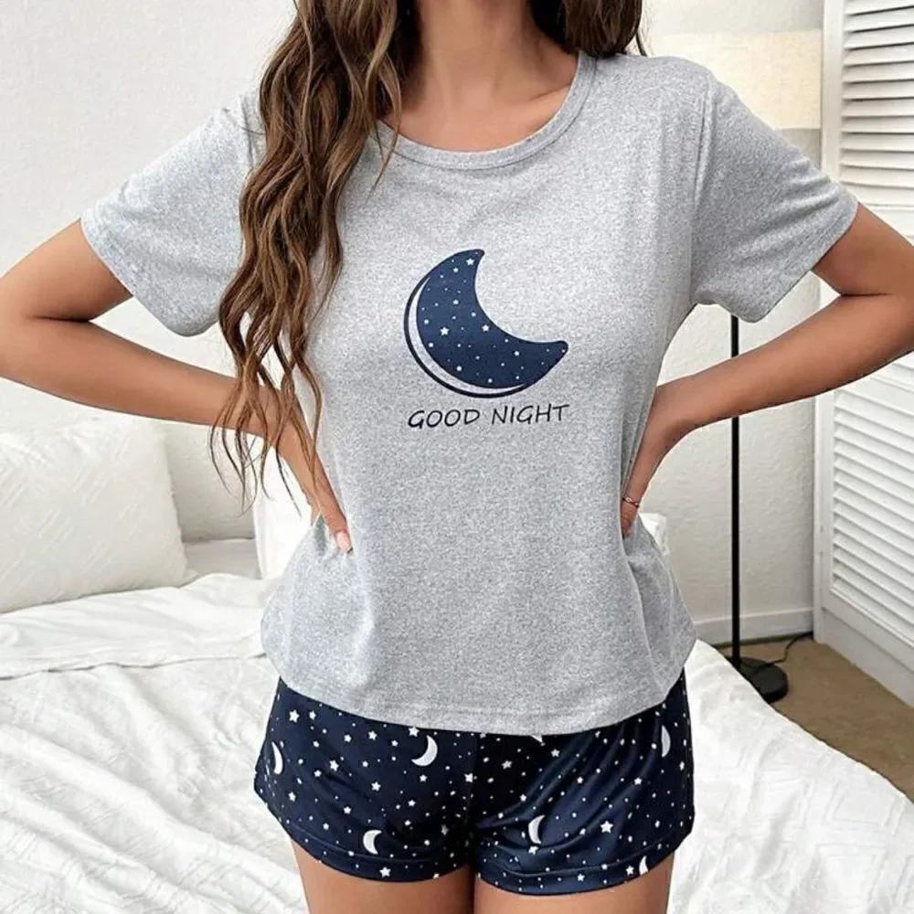 Moon Print Two Piece Soft Pajama Set